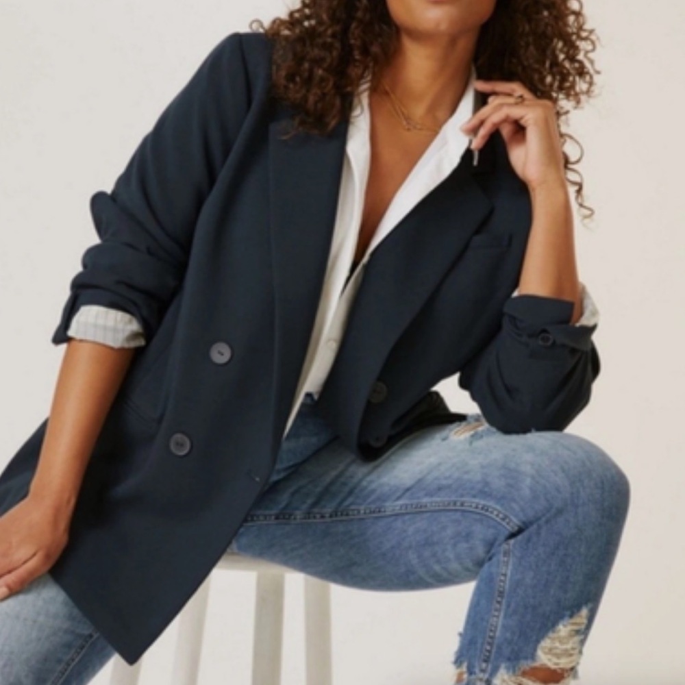 Anthropologie Women's Navy Double-Breasted Blazer Jacket size 14